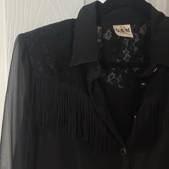 VINTAGE 80s SAM. Black Sheer Button-Down Shirt crop with tassels and lace small - Picture 3 of 8